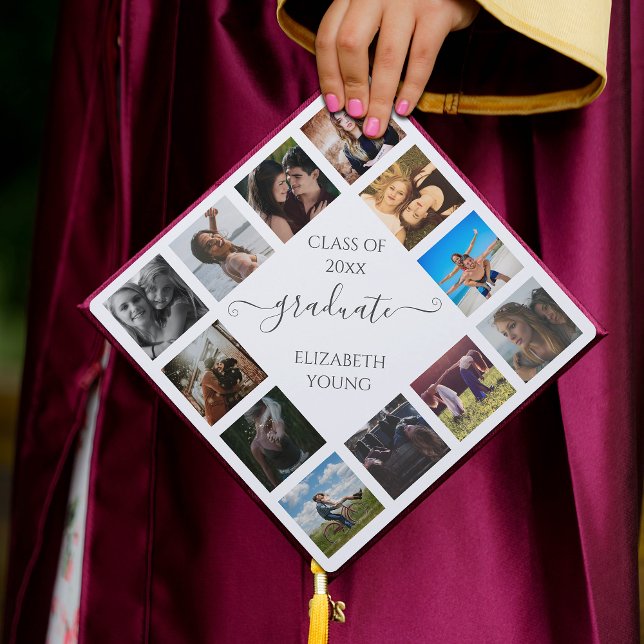 Custom Photo Collage Personalized Name White Graduation Cap Topper (Creator Uploaded)