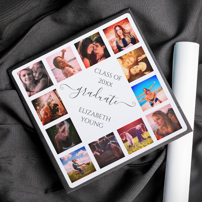 Custom Photo Collage Personalized Name White Graduation Cap Topper (Creator Uploaded)