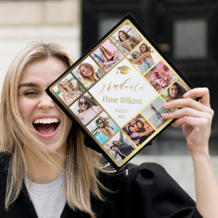 Custom Photo Collage Personalized Name Year Gold Graduation Cap Topper