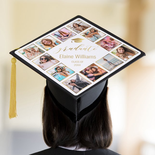 Custom Photo Collage Personalized Name Year Gold Graduation Cap Topper (Creator Uploaded)