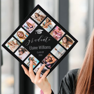 Custom Photo Collage Personalized Name Year Silver Graduation Cap Topper