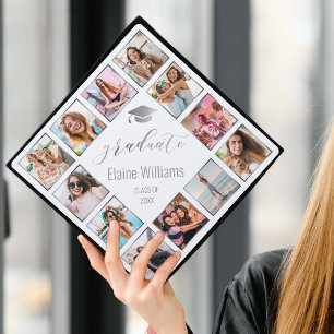 Custom Photo Collage Personalized Name Year Silver Graduation Cap Topper