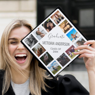 Custom Photo Collage Personalized Name Year White Graduation Cap Topper