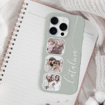 Custom Photo Collage Personalized Sage Green iPhone 16 Pro Case<br><div class="desc">This stylish phone case offers a fresh look with its soft, sage green background, perfect for a personalized touch. It features three neatly arranged, rounded square frames down one side, ready for your favourite photos. A delicate, flowing script and subtle lines adorn the other side, adding an elegant and custom...</div>