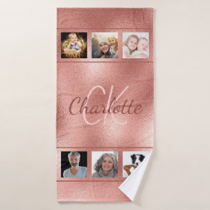 Custom photo collage rose gold monogram script bath towel