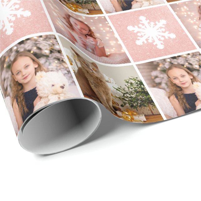 Custom Photo Collage Rose Gold Snowflakes Wrapping Paper (Roll Corner)