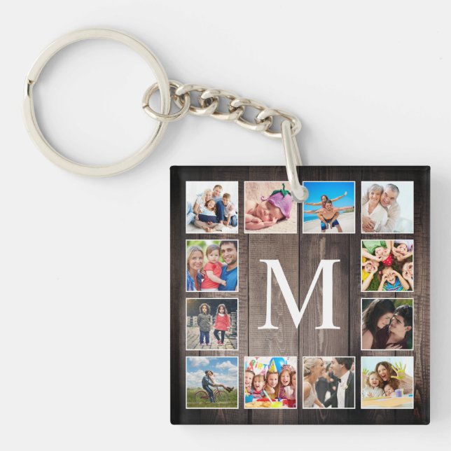 Custom Photo Collage Rustic Farmhouse Family Keychain (Front)