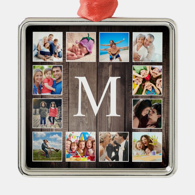 Custom Photo Collage Rustic Farmhouse Family Metal Ornament (Front)