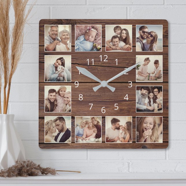 Custom Photo Collage Rustic Farmhouse Family Square Wall Clock (Creator Uploaded)