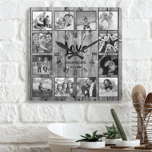 Custom Photo Collage Rustic Farmhouse Love Family Square Wall Clock