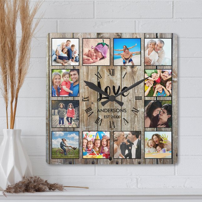 Custom Photo Collage Rustic Farmhouse Love Family Square Wall Clock (Creator Uploaded)