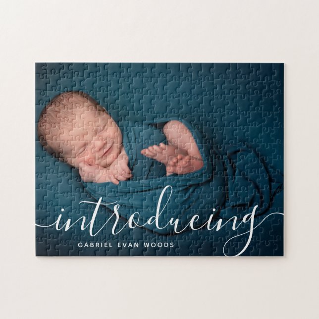 Custom Photo Collage Script Overlay Baby Birth Ann Jigsaw Puzzle (Horizontal)