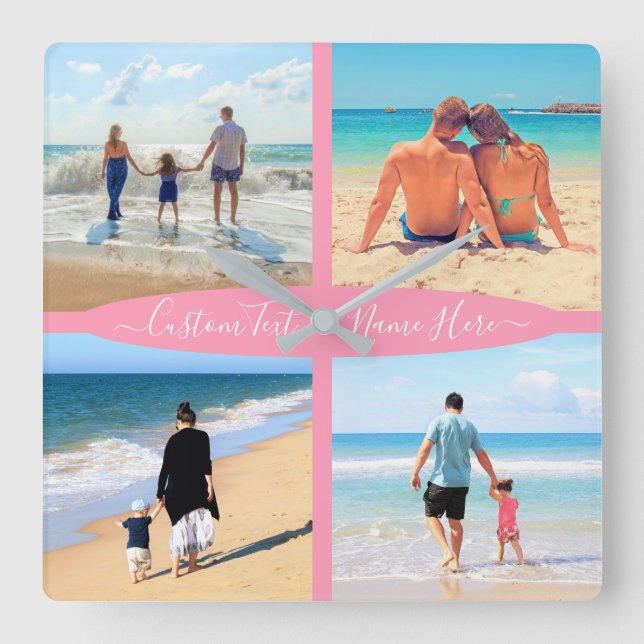 Custom Photo Collage Text Family Love Personalized Square Wall Clock (Front)