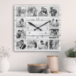 Custom Photo Collage White Elegant Wood Family Square Wall Clock<br><div class="desc">Easily personalize this white wooden plank elegant style wall clock with your custom photos. The template uses a black and white photo filter to create a more coordinated look. For best results,  crop the images to square - with the focus point in the centre - before uploading.</div>