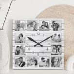 Custom Photo Collage White Elegant Wood Family Square Wall Clock<br><div class="desc">Easily personalize this white wooden plank elegant style wall clock with your custom photos. The template uses a black and white photo filter to create a more coordinated look. For best results,  crop the images to square - with the focus point in the centre - before uploading.</div>