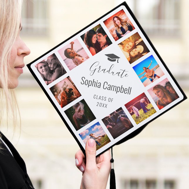 Custom Photo Collage White Trendy Cute Script Graduation Cap Topper (Creator Uploaded)