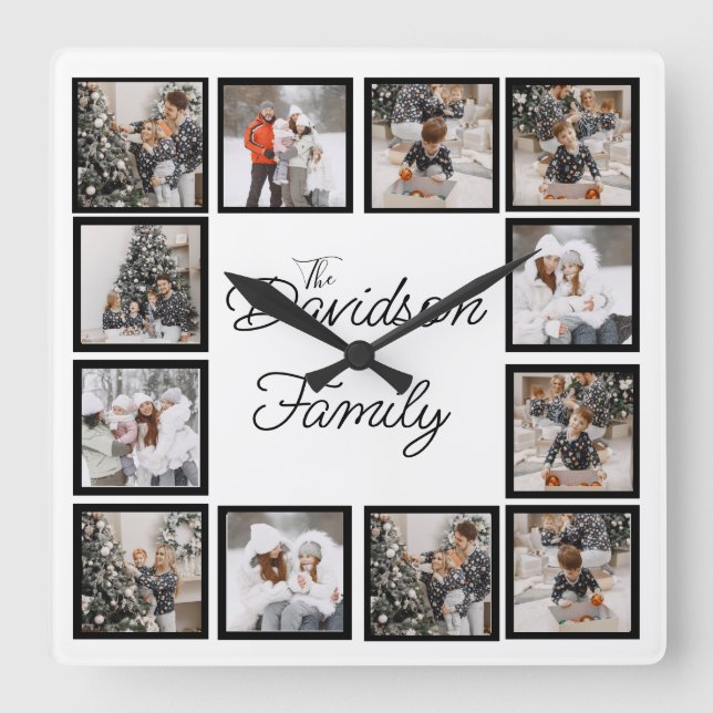 Custom Photo Collage with Family Name Square Wall Clock (Front)