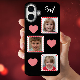 Custom Photo Collage with Hearts and Monogram iPhone 16 Plus Case