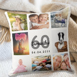 Custom photo collage woman white 60th birthday throw pillow<br><div class="desc">A unique gift for a womans 60th birthday, celebrating her life with a collage of 8 of your own photos, pictures. Personalize and add her name, age 60 and a date. A chic white background. Gray and black letters and numbers. The name is written with a modern hand lettered style...</div>