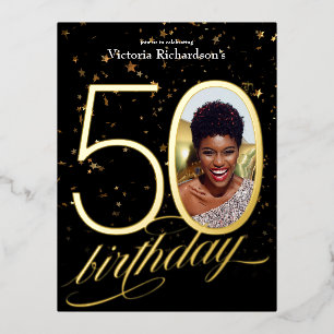 Custom Photo Confetti Black Gold 50th Birthday  Foil Invitation Postcard