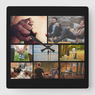 Custom photo couples collage 8 black square wall clock