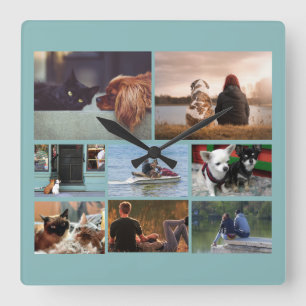 Custom photo couples collage   8 tan blue square wall clock