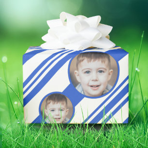 Custom Photo Custom Logo Blue and White Stripes Wrapping Paper