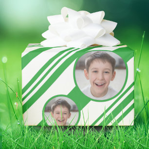 Custom Photo Custom Logo Green and White Stripes Wrapping Paper