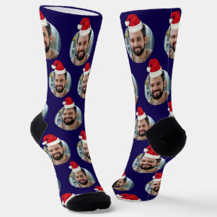 Custom Photo Cute Dark Blue Christmas Socks
