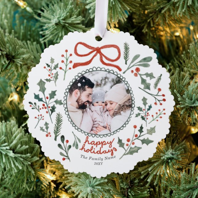 Custom Photo Cute Hand Drawn Holiday Foliage Ornament Card (Insitu (Tree))