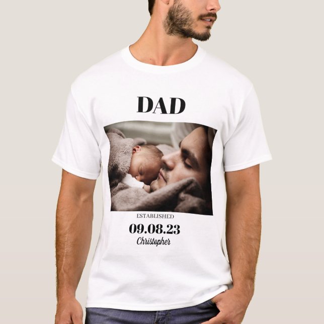 Custom Photo Dad Established Child Birth Date Name T-Shirt (Front)