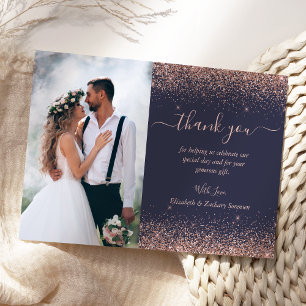 Custom Photo Dark Blue Rose Gold Glitter Wedding Thank You Card