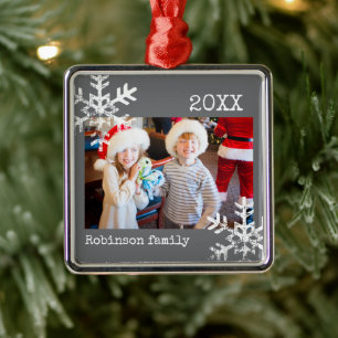 Custom Photo Dark Grey Snowflakes Metal Ornament