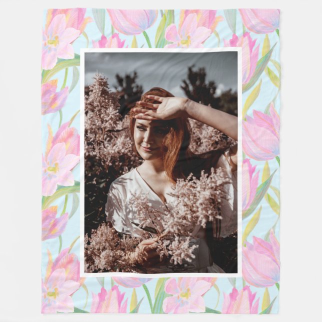 Custom Photo Delicate Watercolor Pink Tulip Fleece Blanket (Front)