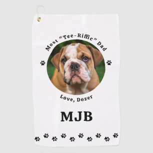 Custom Photo Dog Best Dad Ever Golfer Black Golf Towel