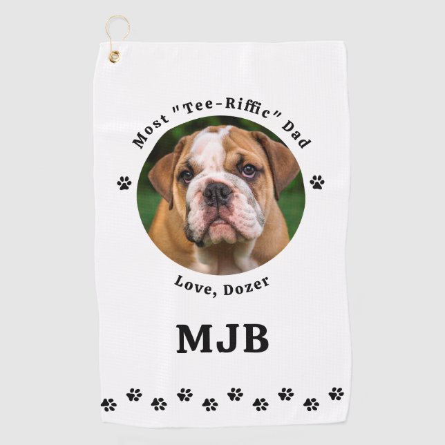 Custom Photo Dog Best Dad Ever Golfer Black Golf Towel (Front)