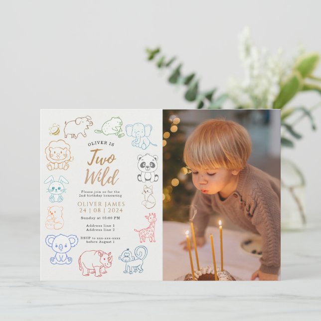 Custom photo Doodle Party Animals 2nd Birthday  Invitation (Standing Front)