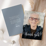 Custom Photo Dusty Blue 90th Birthday Party Thank You Card<br><div class="desc">The front of this 90th birthday invitation features the guest of honour's photo with the words "thank you" in elegant white calligraphy script overlay. A dark screen helps make the text pop. Customize the reverse side with your personal message in white sans serif font and your name in script on...</div>