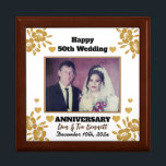 Custom Photo Elegant "50th Wedding Anniversary"   Gift Box<br><div class="desc">Personalize this cute, elegant gold glitter "Happy 50th Wedding Anniversary" Large Size Golden Oak Wooden Jewellery Keepsake Box design. You can easily change or remove the photo, the names and the text as needed. You can also change the font model, font colour and font size if you want. Click -->"Personalize"...</div>