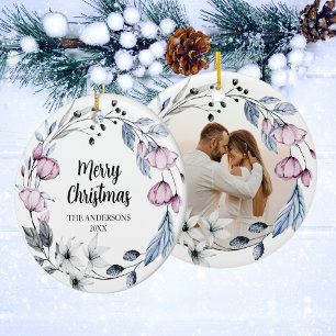 Custom Photo Elegant Floral Christmas Ceramic Ornament