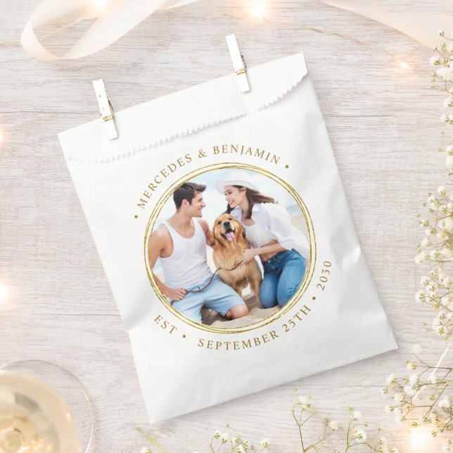 Custom Photo Elegant Gold Personalized Wedding  Favour Bag (Clipped)
