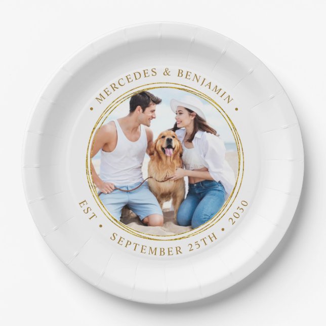 Custom Photo Elegant Gold Personalized Wedding Paper Plate (Front)