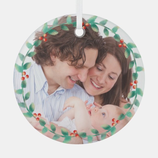 Custom Photo Elegant Holly Wreath  Glass Ornament (Front)