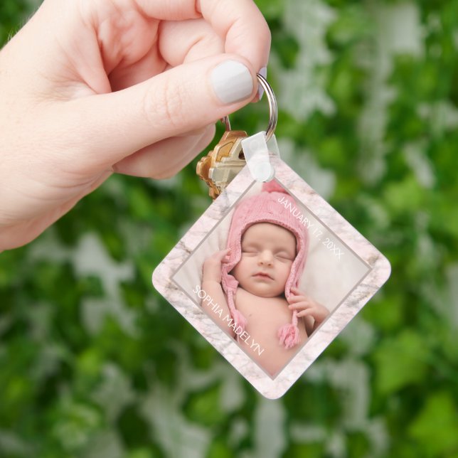 Custom Photo Elegant Pink Grey Marble Pattern 2025 Keychain (Hand)