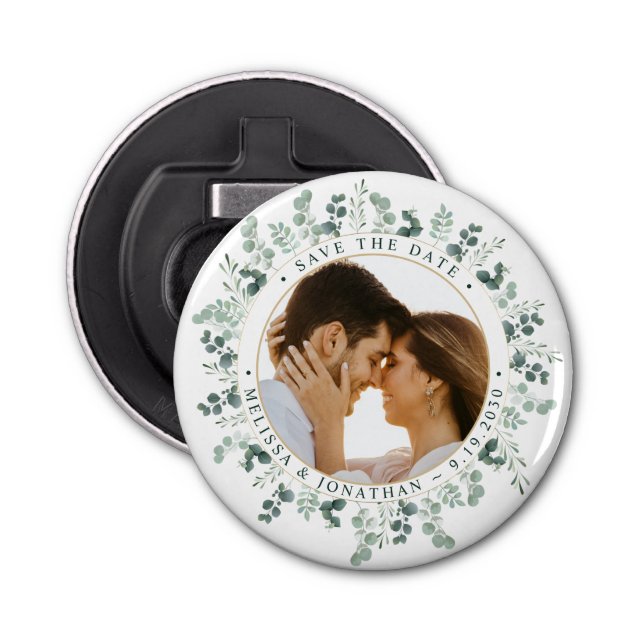 Custom Photo Eucalyptus Wedding Save The Date Bottle Opener (Front)