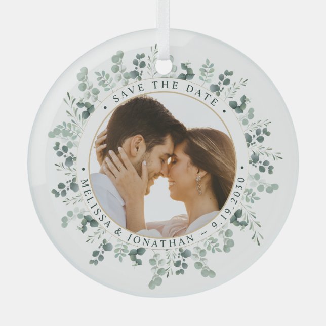 Custom Photo Eucalyptus Wedding Save The Date Glass Ornament (Front)