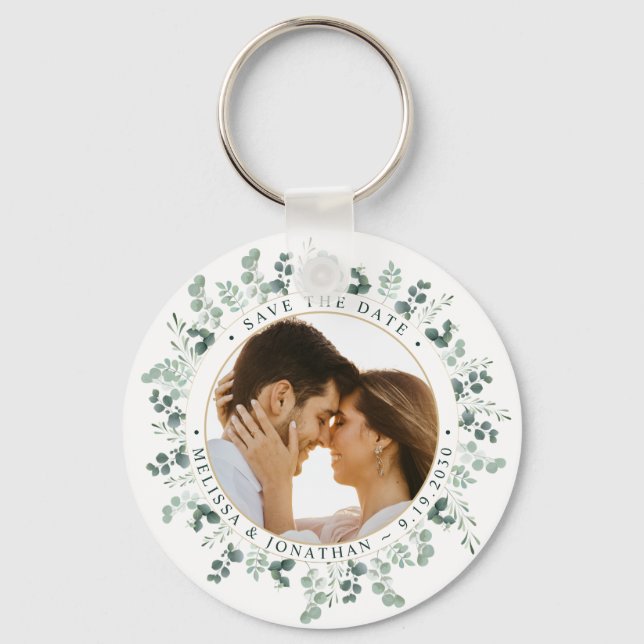 Custom Photo Eucalyptus Wedding Save The Date Keychain (Front)