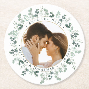Custom Photo Eucalyptus Wedding Save The Date Round Paper Coaster