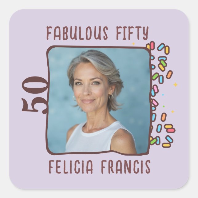 Custom Photo Fabulous Fifty Birthday Party Square Sticker (Front)