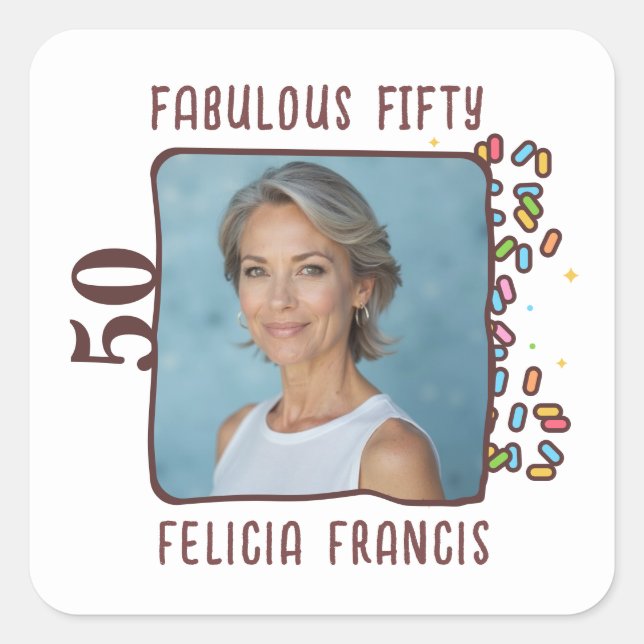 Custom Photo Fabulous Fifty Birthday Party Square Sticker (Front)